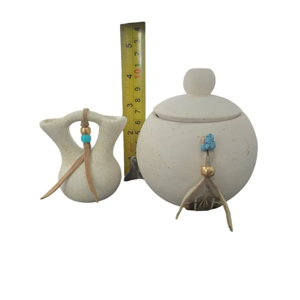 Southwestern Pottery Decor Set Dreamcatcher Feather Vases & Lidded Jar 4 Pieces